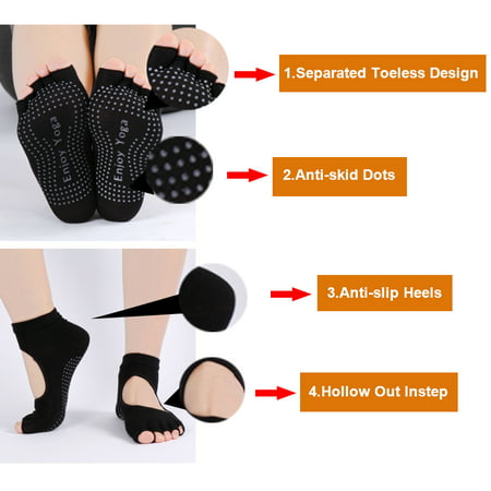 3Pair Black Yoga Socks,Barre Socks,Pilates Socks,Toeless Non Slip Skid With Grip 
